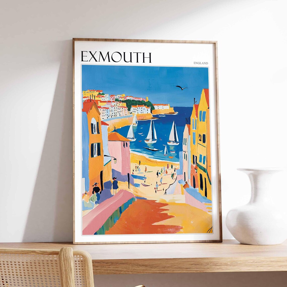 Exmouth England Old Town Street Beach Sailboats Colorful Poster
