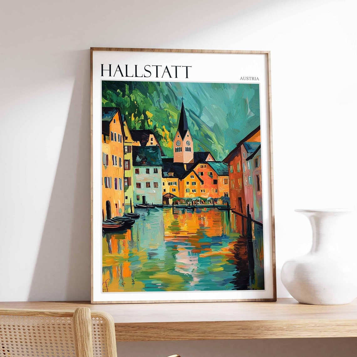 Hallstatt Austria Waterfront Houses Impressionist Sunset Poster