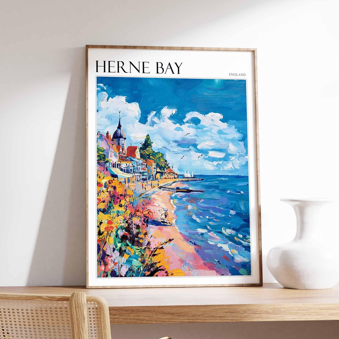 Herne Bay England Beach Town Spire Bright Flowers Sailboat Poster