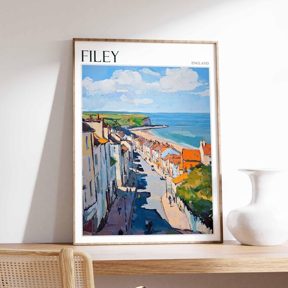 Filey England Steep Street Red Roofs Beach Headland Painting Poster