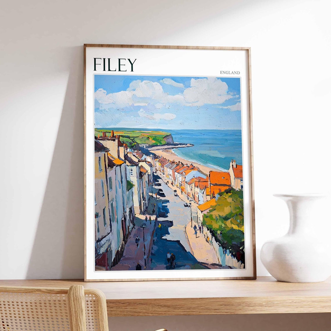 Filey England Steep Street Red Roofs Beach Headland Painting Poster