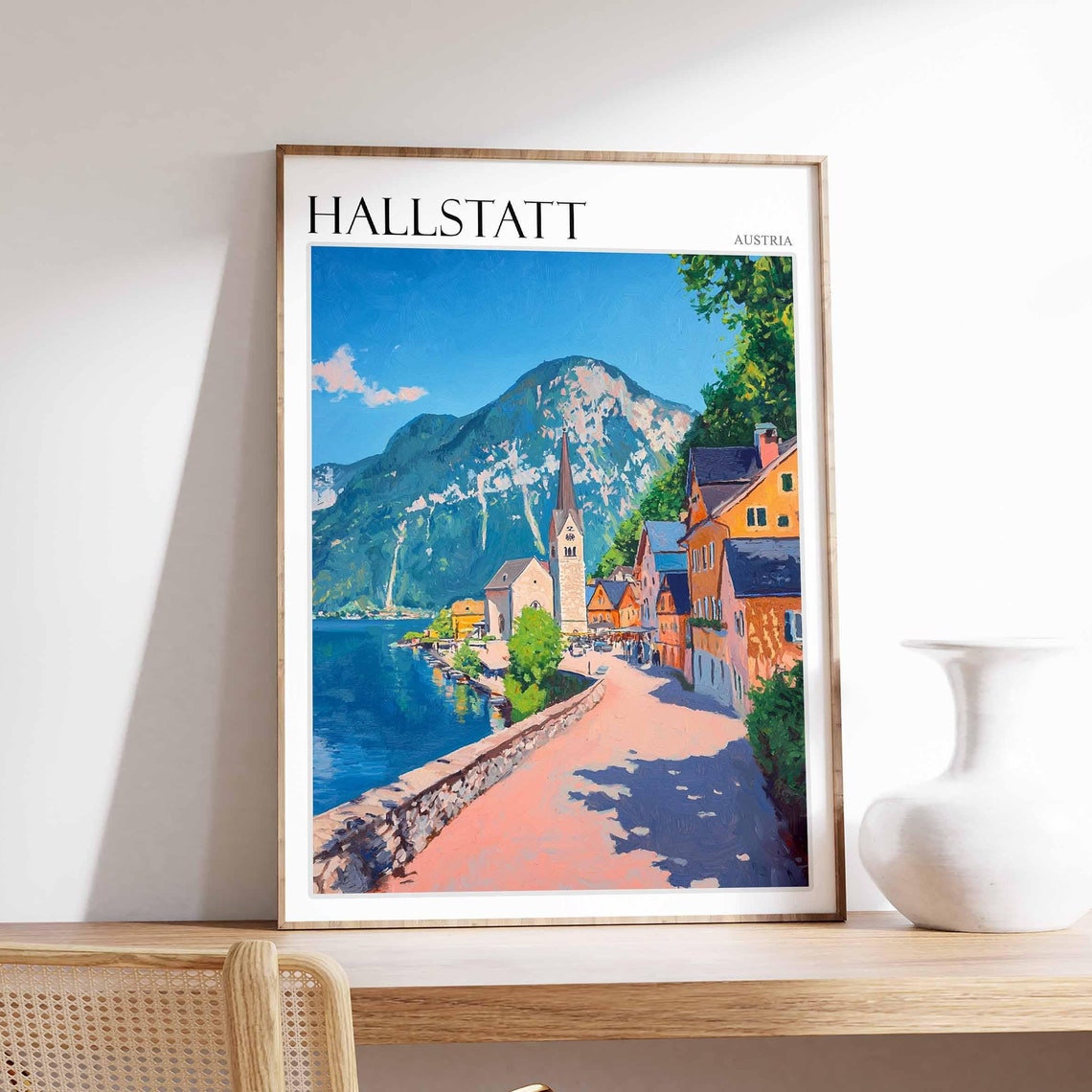Hallstatt Austria Lakeside Promenade Summer Day Painting Poster
