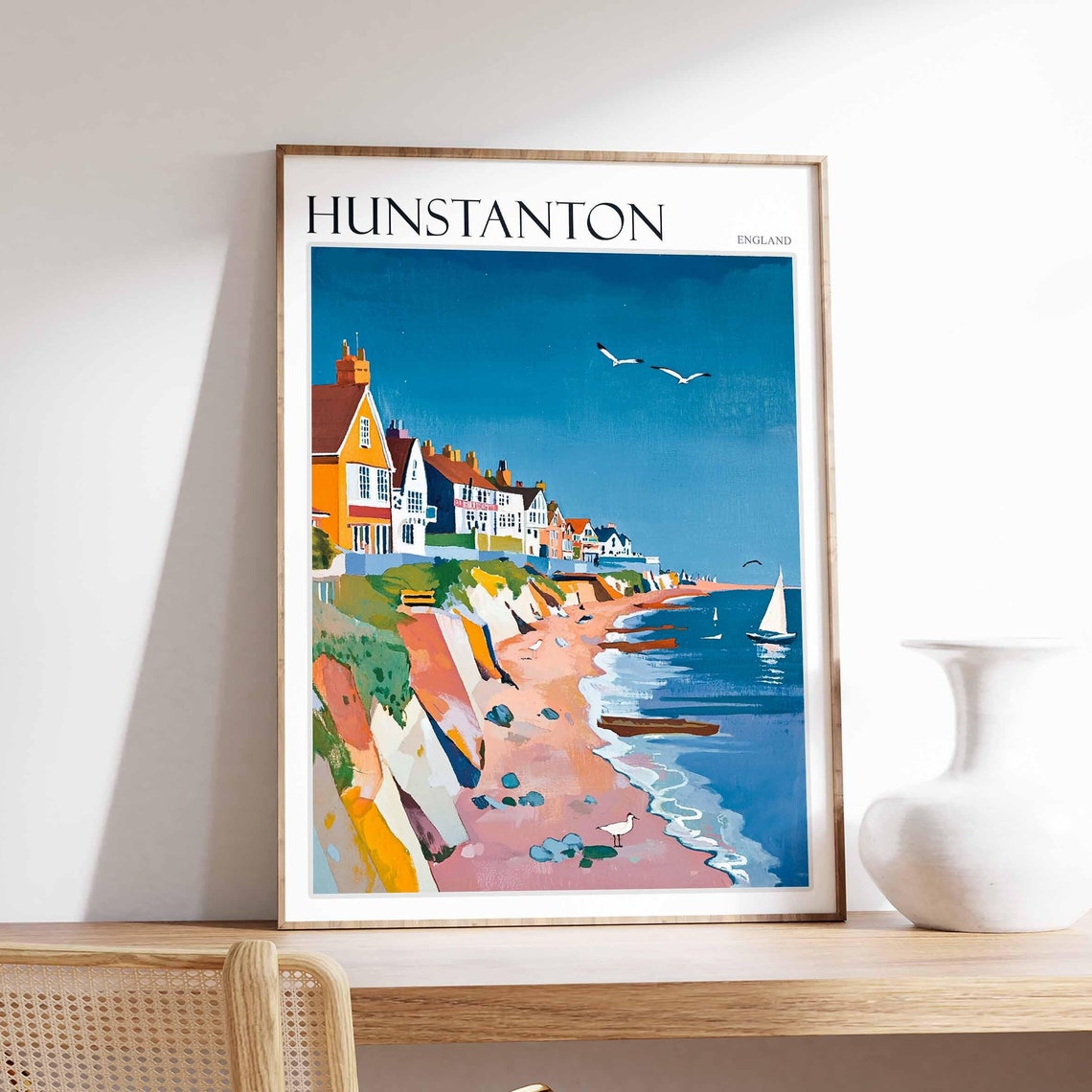 Hunstanton England Fishermen Cottages Beach Boats Scene Poster