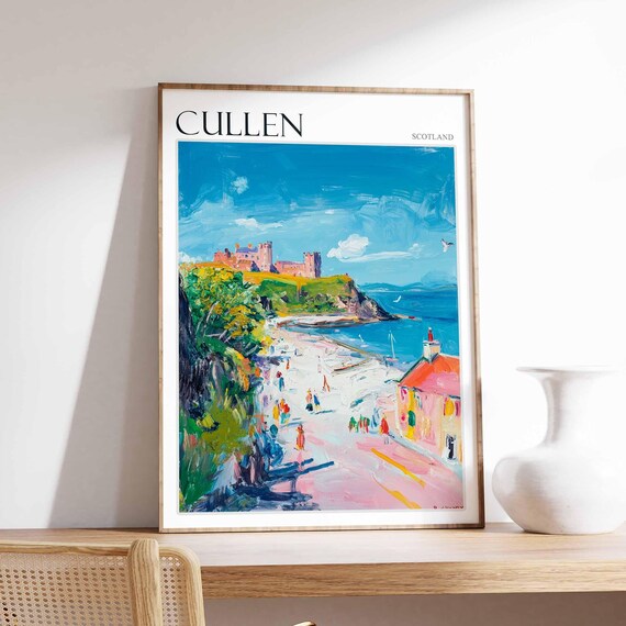 Cullen Scotland Busy Beach with Castle on the Headland Poster