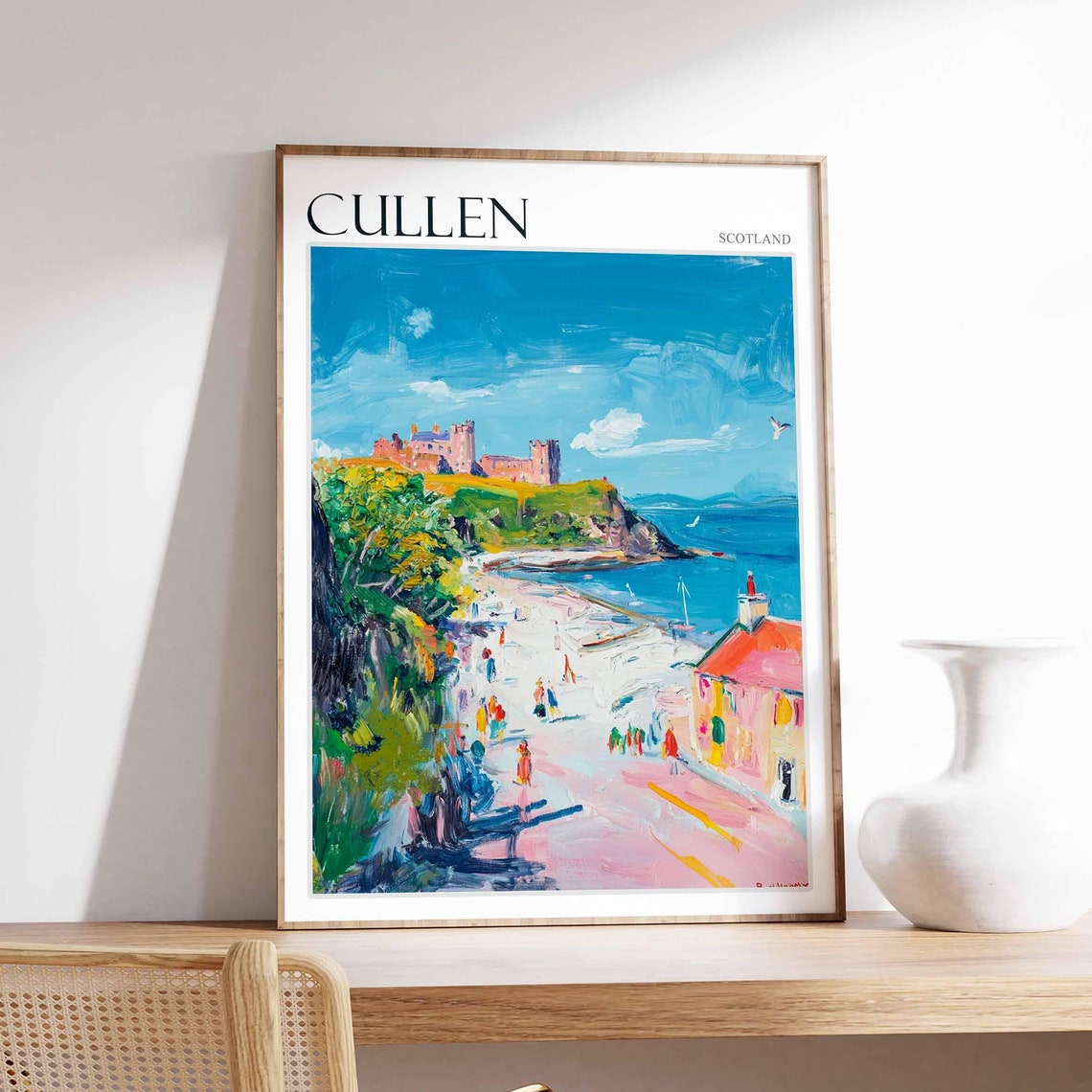 Cullen Scotland Busy Beach with Castle on the Headland Poster
