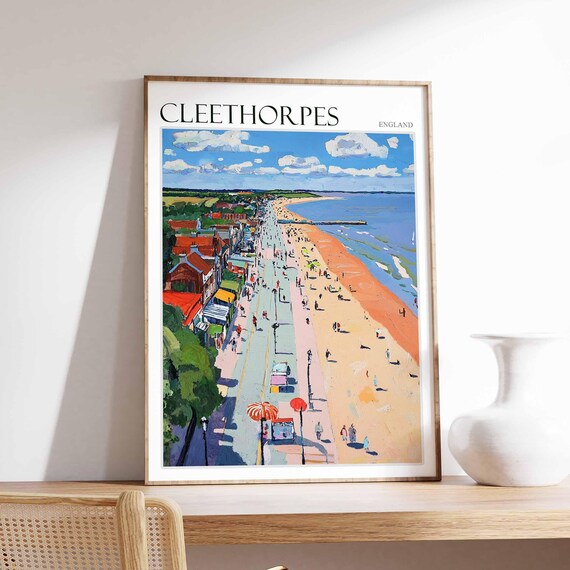 Cleethorpes England Aerial Promenade Crowds Sun Umbrellas Travel Poster