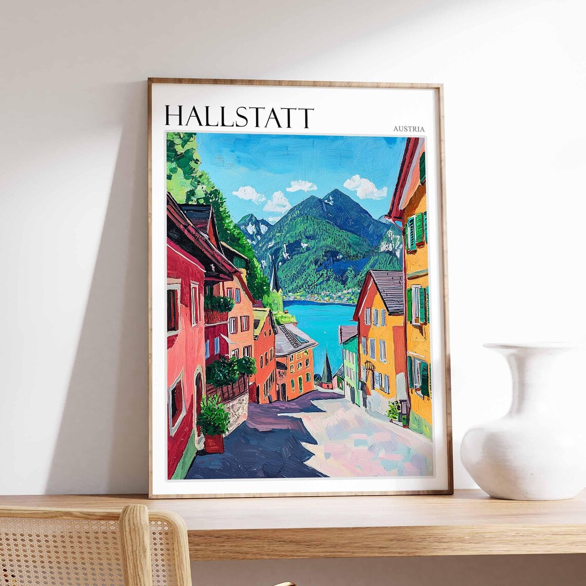 Hallstatt Austria Village Street Scene Colorful Houses Travel Poster