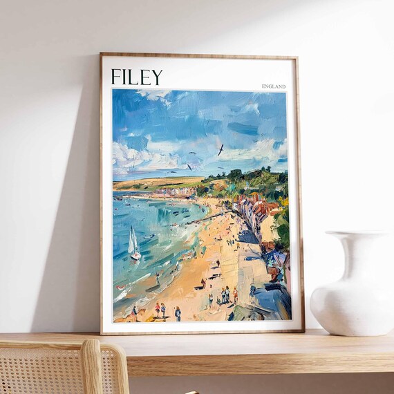 Filey England Beach Swimmers Sailboats Impressionist Blue Painting Poster