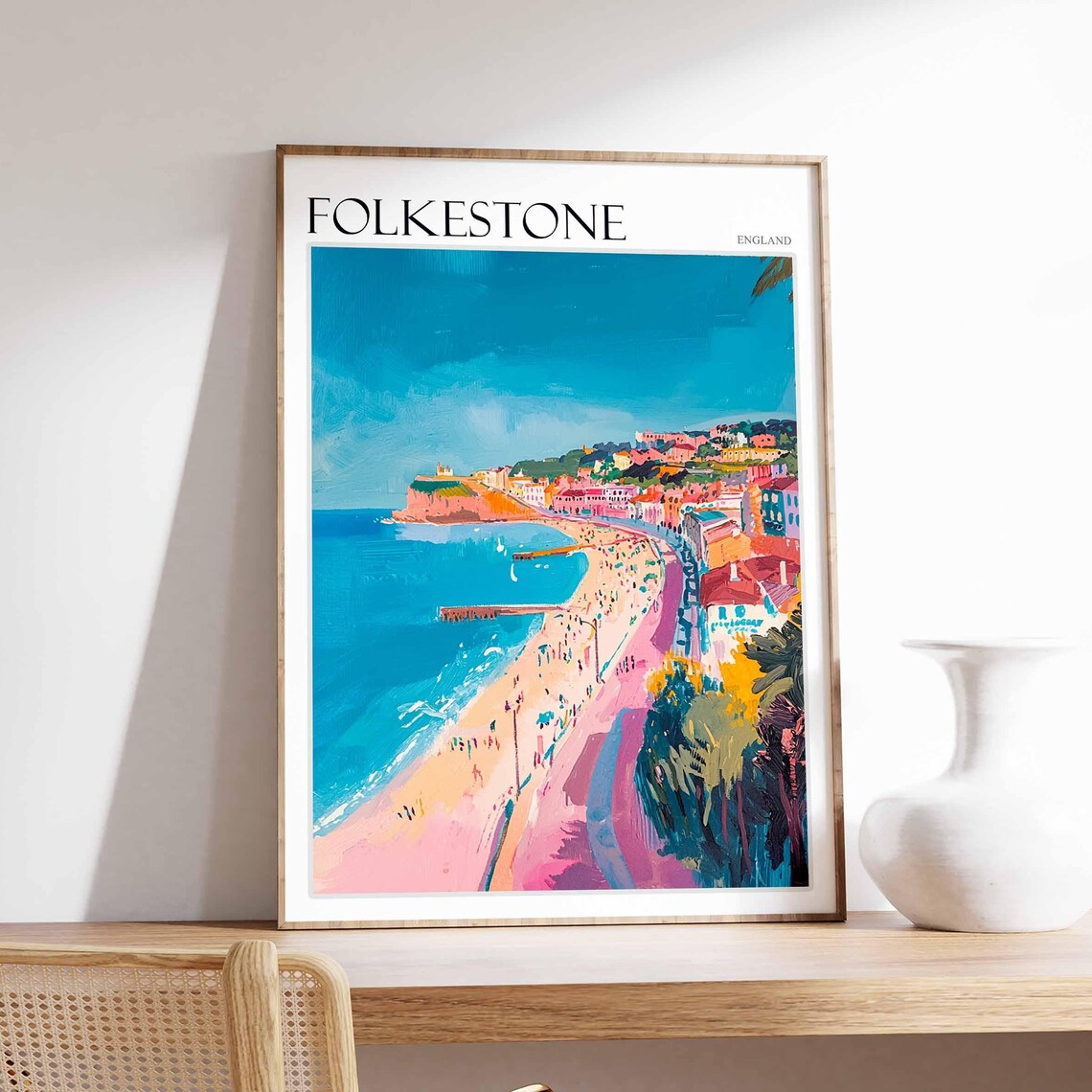 Folkestone Aerial Beach Harbor Arm Colorful Coastal Town Summer Poster