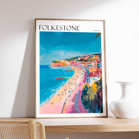 Folkestone Aerial Beach Harbor Arm Colorful Coastal Town Summer Poster