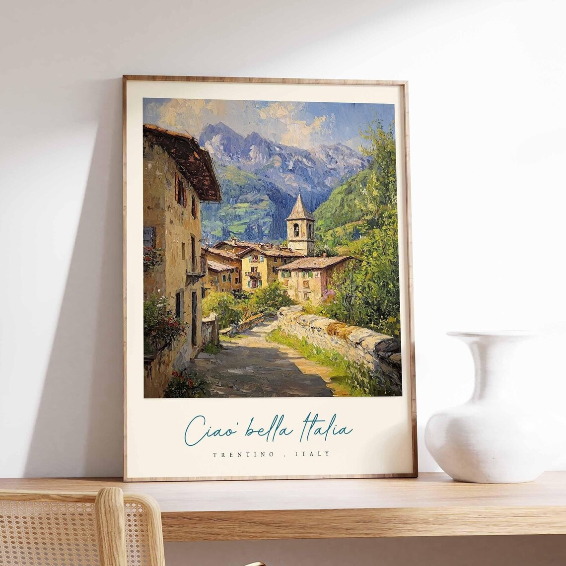 Trentino Italy Mountain Village Street Painting Bell Tower Poster
