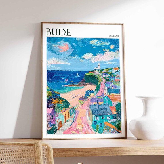 Bude Cornwall Expressionist Seaside Street to Beach Art Travel Poster
