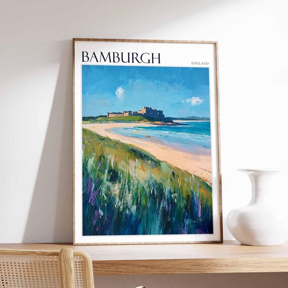 Bamburgh England Castle Over Sandy Beach and Dune Grasses Poster