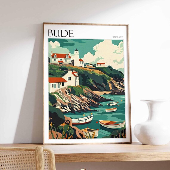 Bude Cornwall England Lighthouse Cove With Anchored Boats Poster