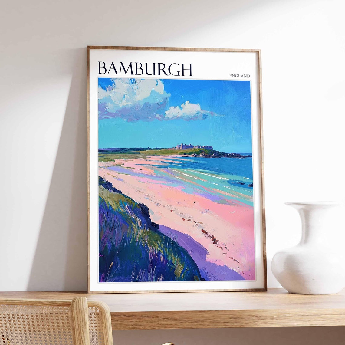 Bamburgh England Pastel Beach Scene With Distant Castle View Poster