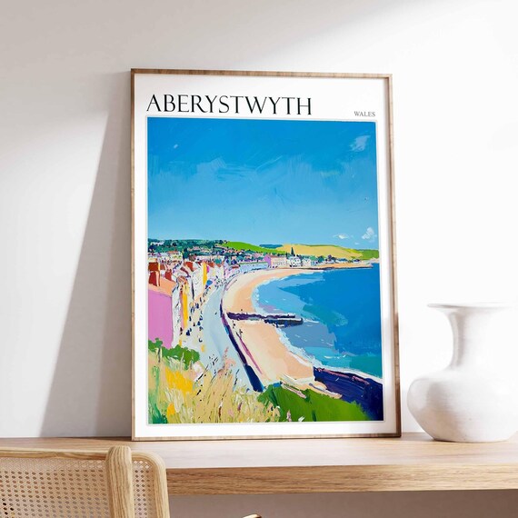 Aberystwyth Wales Retro Colorful Seaside Beach Town Coastal Poster