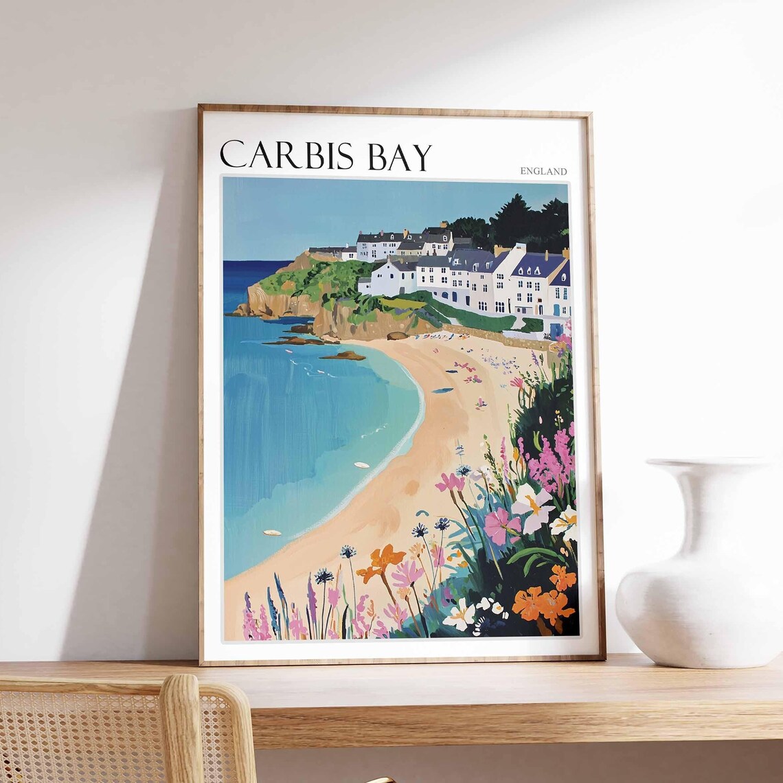 Carbis Bay England Clifftop Village Wildflowers Sunny Bay Travel Poster