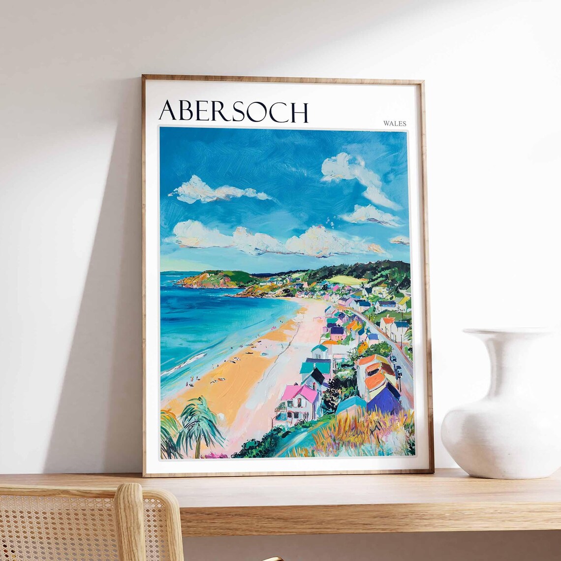 Abersoch Wales Panoramic Beach Colorful Houses Art Travel Collection Poster