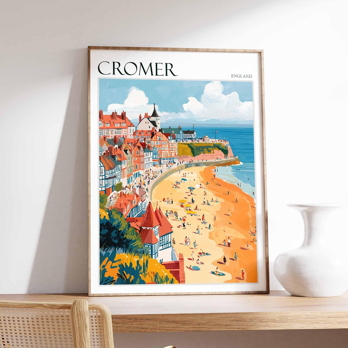 Cromer England Victorian Rooftops and Busy Beach Scene Poster