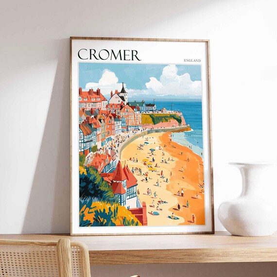 Cromer England Victorian Rooftops and Busy Beach Scene Poster