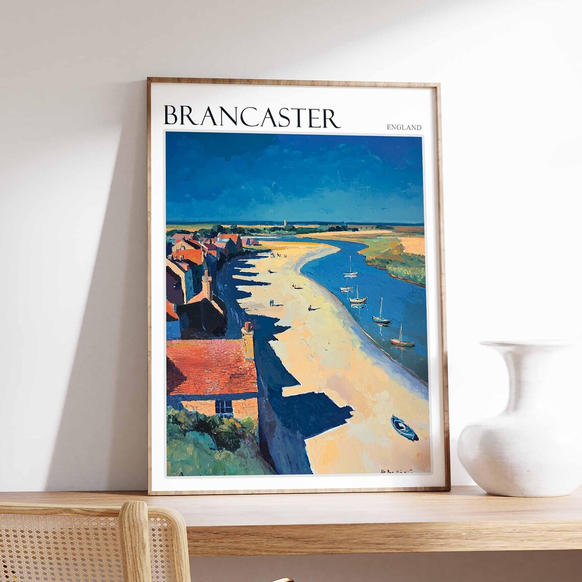 Brancaster England Estuary Sailboats and Village at Golden Hour Poster