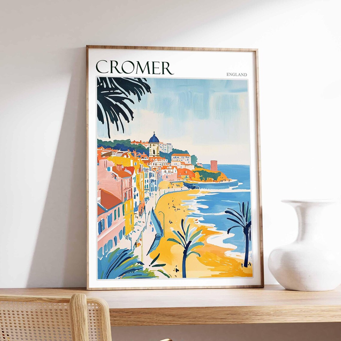 Cromer England Palm Trees and Golden Beach Curved Bay Art Poster