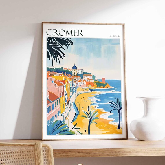 Cromer England Palm Trees and Golden Beach Curved Bay Art Poster