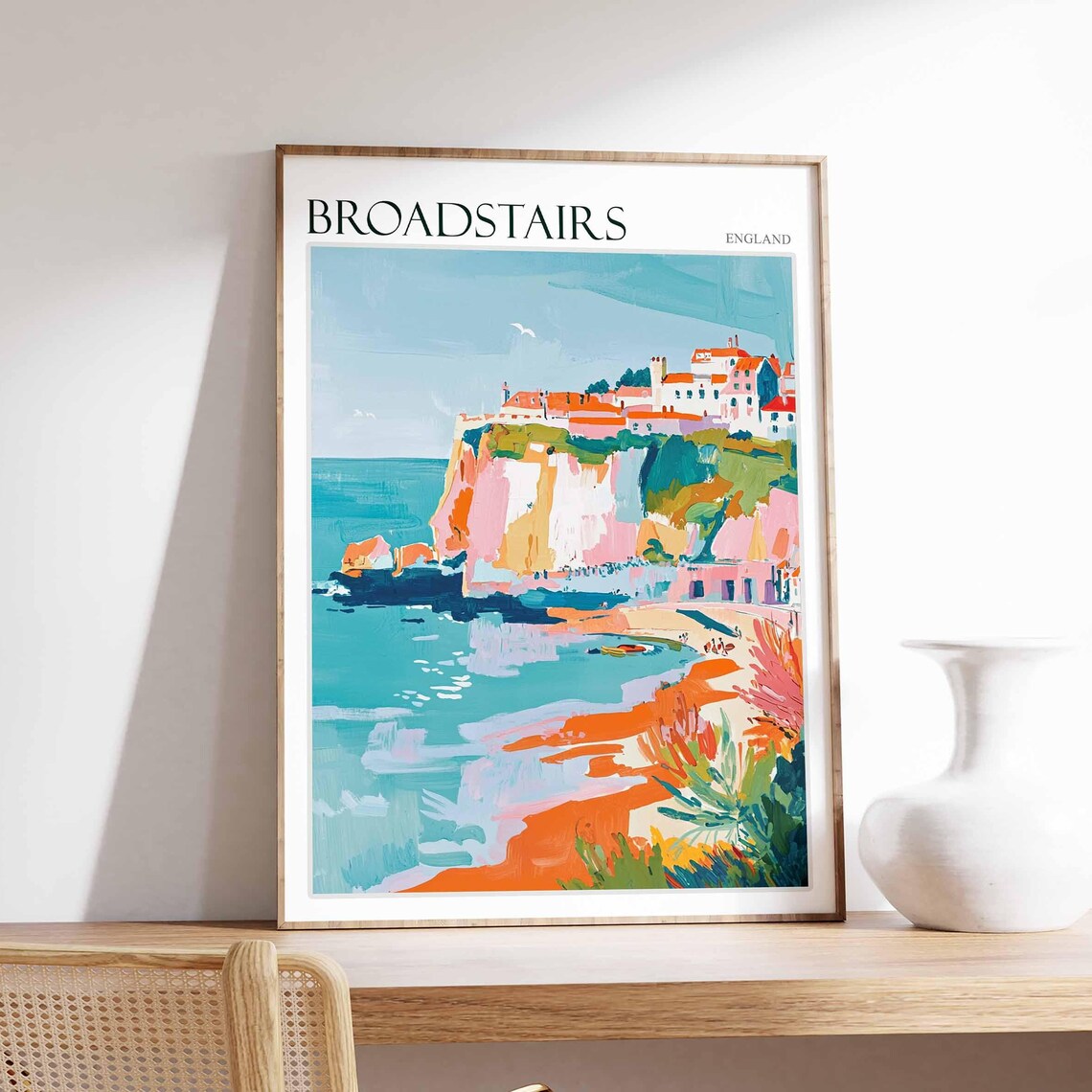 Broadstairs Kent White Cliffs Above the Beach Impressionist Travel Poster