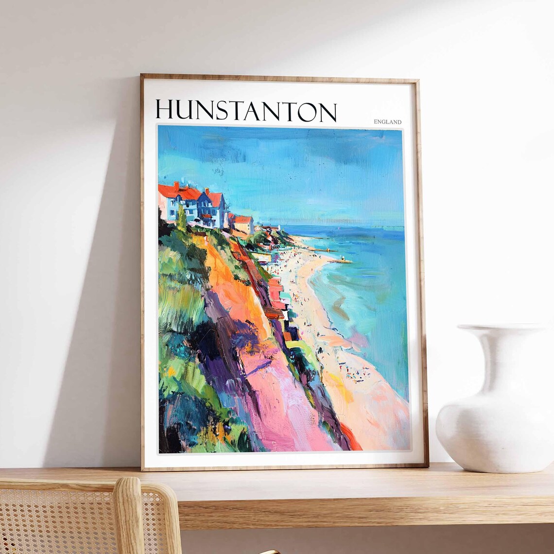 Hunstanton England Colourful Cliffs White Houses Beach Poster