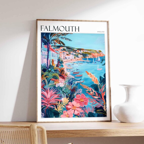 Falmouth England Tropical Harbor Pink Flowers Bright Art Poster