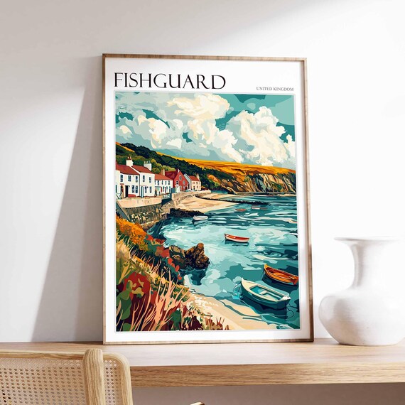 Fishguard Rocky Cove Rowboats Golden Cliffs White Cottages Travel Poster