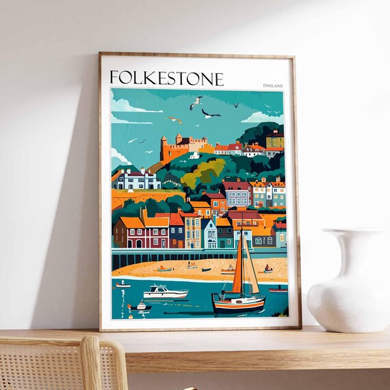 Folkestone England Harbor Boats Hillside Town Retro Art Poster