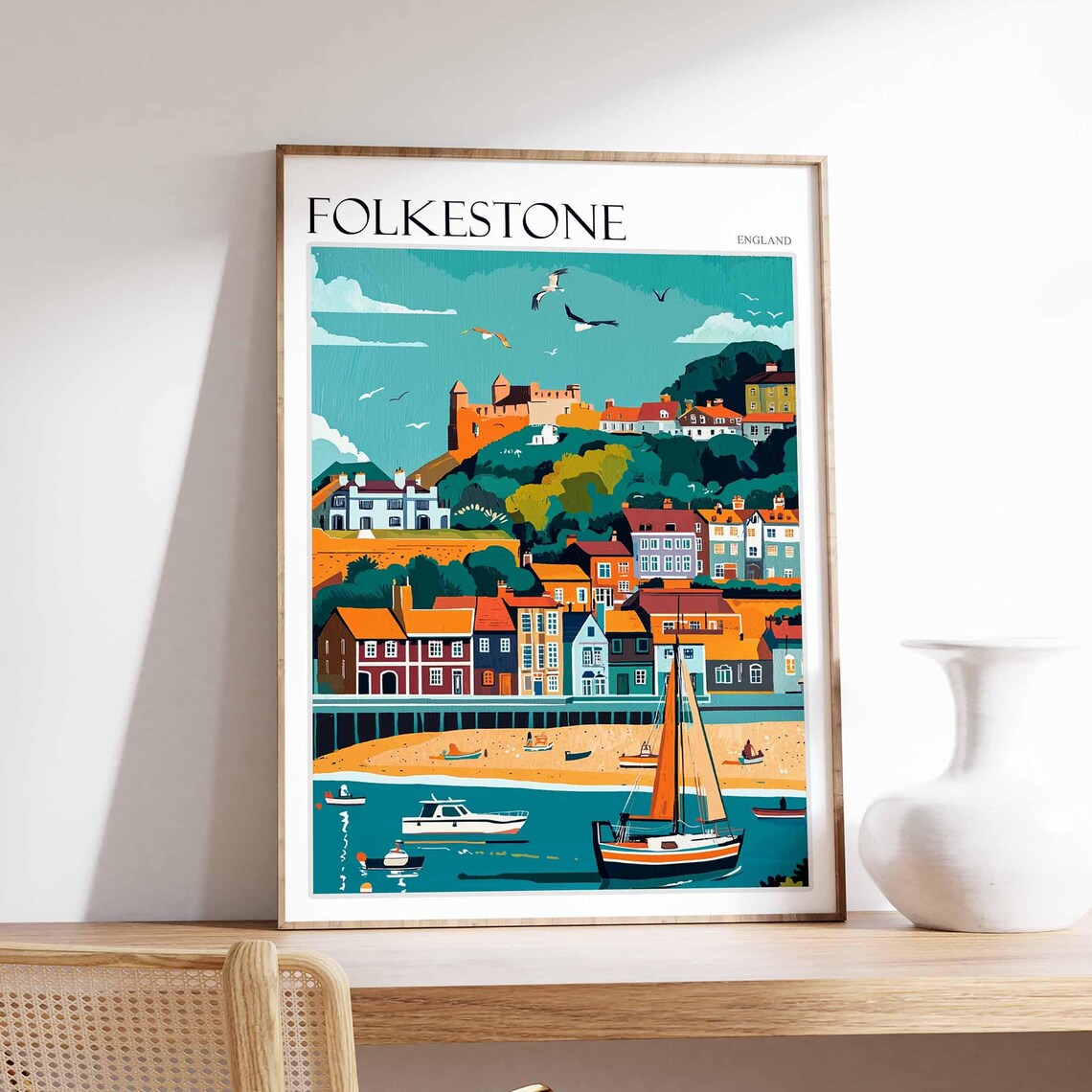 Folkestone England Harbor Boats Hillside Town Retro Art Poster