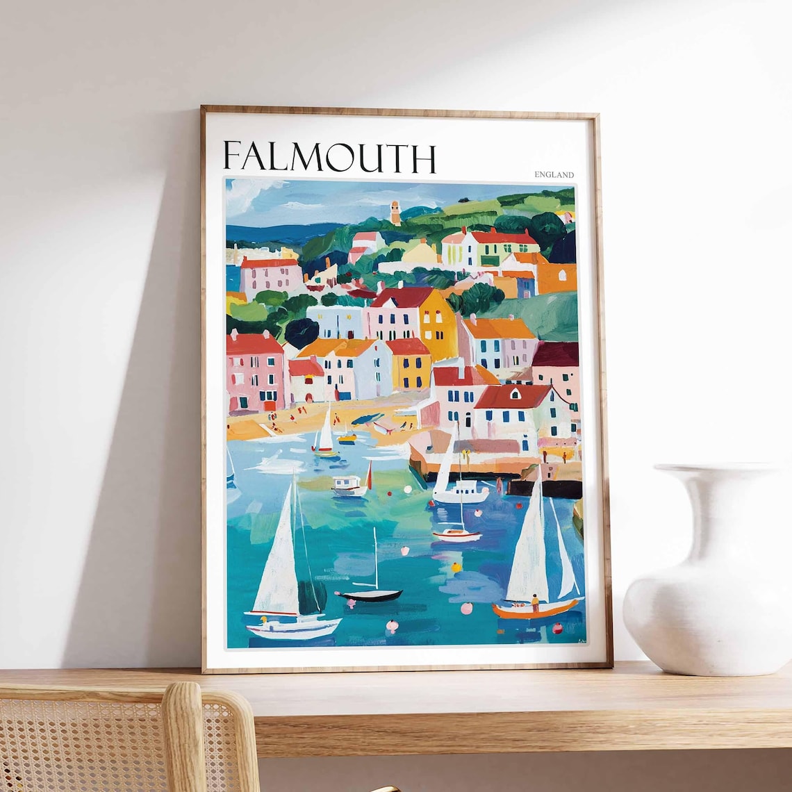 Falmouth England Sailboat Harbor Hillside Pastel Houses Painting Poster