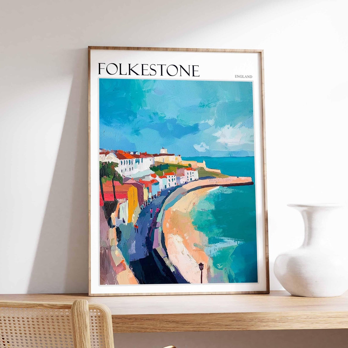Folkestone England Curving Beach Seafront Painted Coast Poster