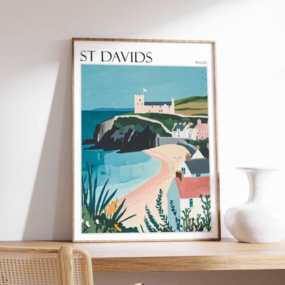 St Davids Wales Serene Coastal Church Pink Beach Town View Poster