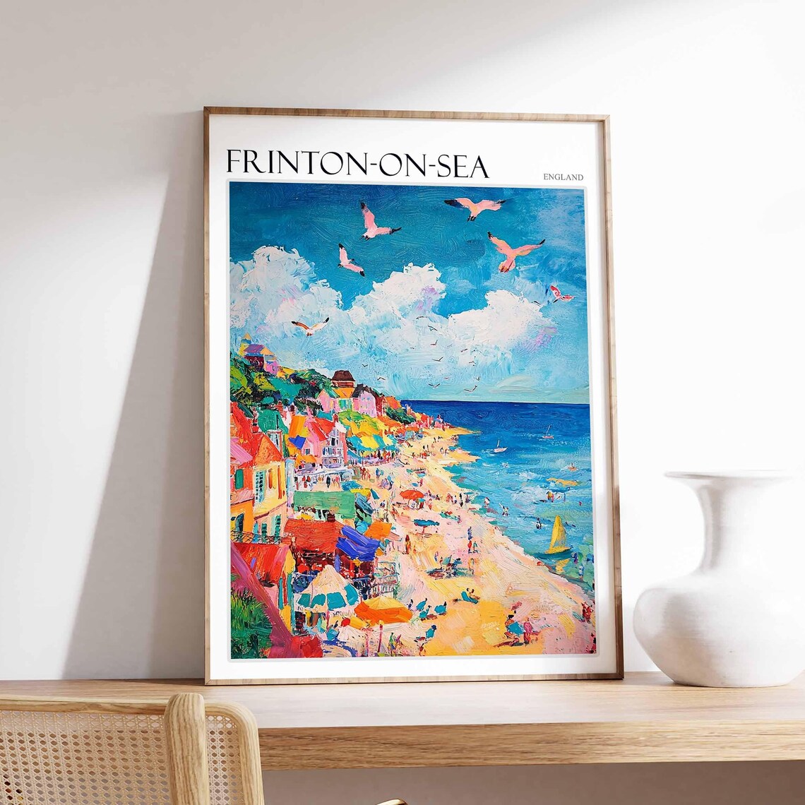 Frinton On Sea Impressionist Seagulls Beach Umbrellas Colorful Town Poster