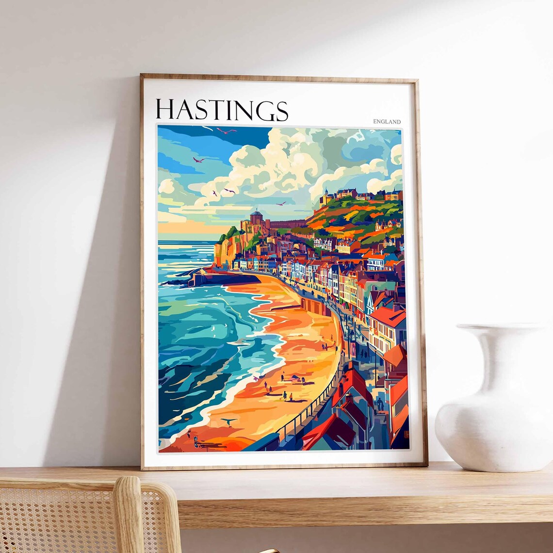 Hastings Sunset Beach Seagulls Colorful Old Town Seaside Travel Poster