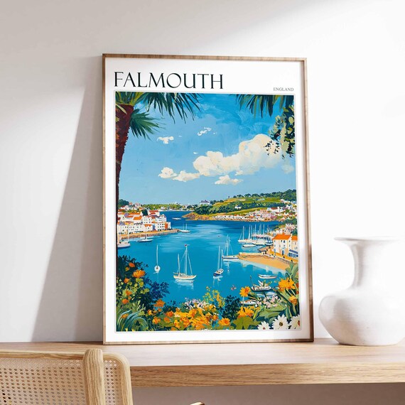 Falmouth England Cornish Sailboat Harbor Palm Trees Travel Poster