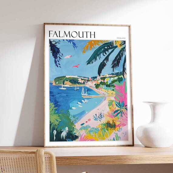 Falmouth England Sailing Cove Palm Trees Colorful Beach Poster
