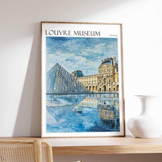Louvre Museum Glass Pyramid Watercolor Reflection France Poster