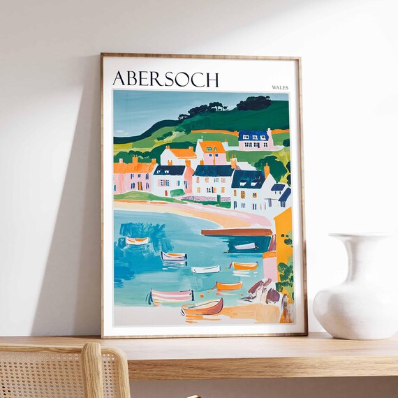 Abersoch Wales Harbor Rowboats Cottages Art Travel Collection Poster