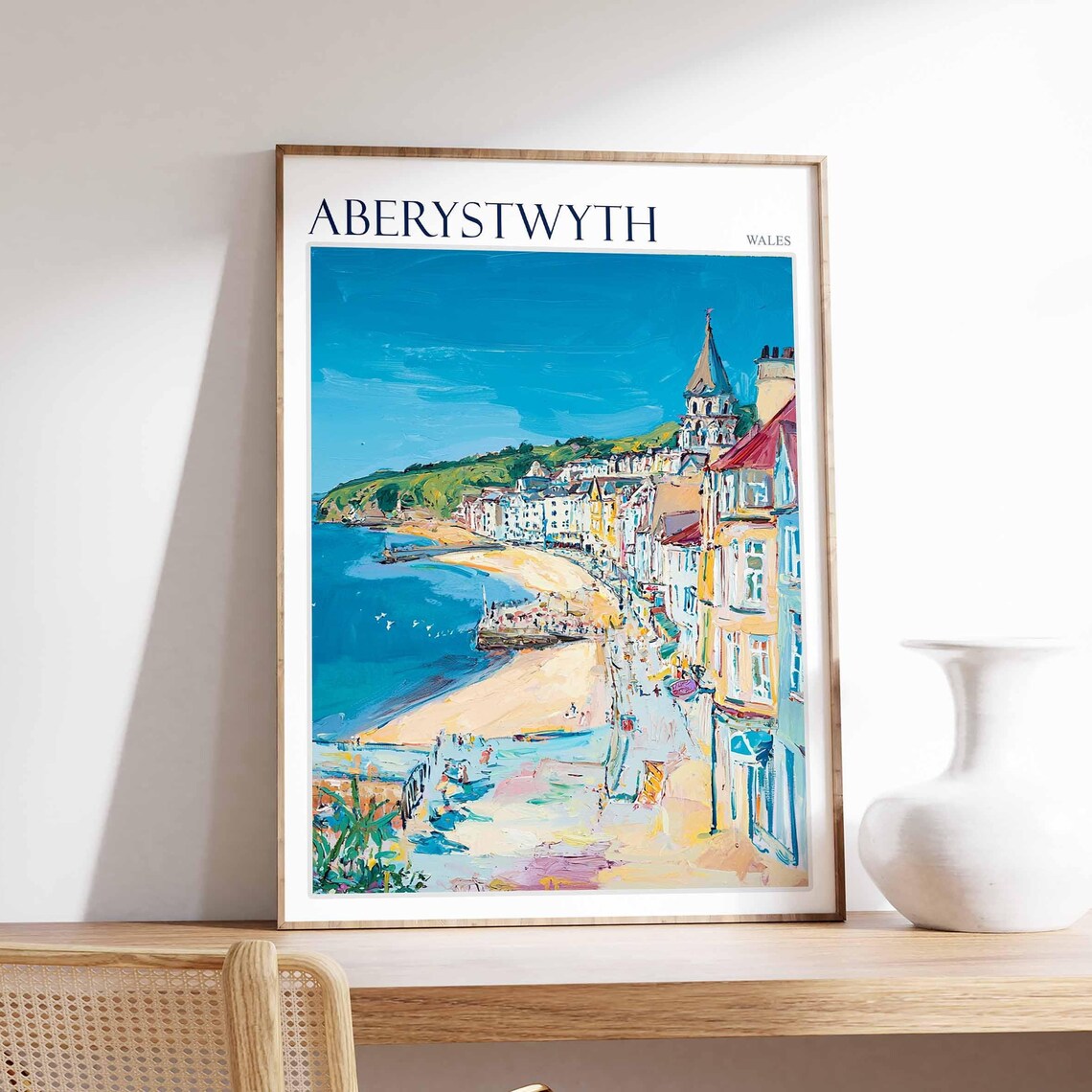 Aberystwyth Wales Seafront Bay Church Tower Painterly Travel Poster