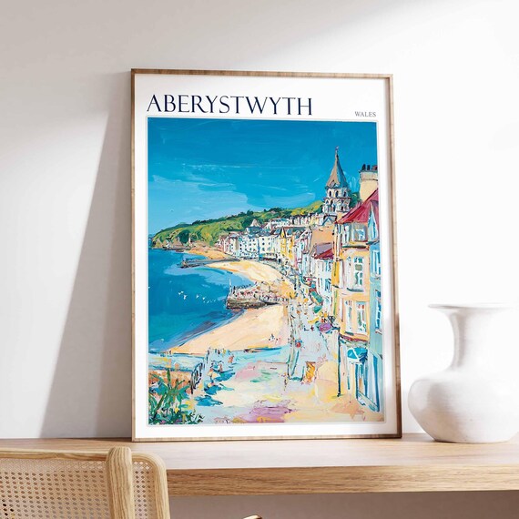 Aberystwyth Wales Seafront Bay Church Tower Painterly Travel Poster