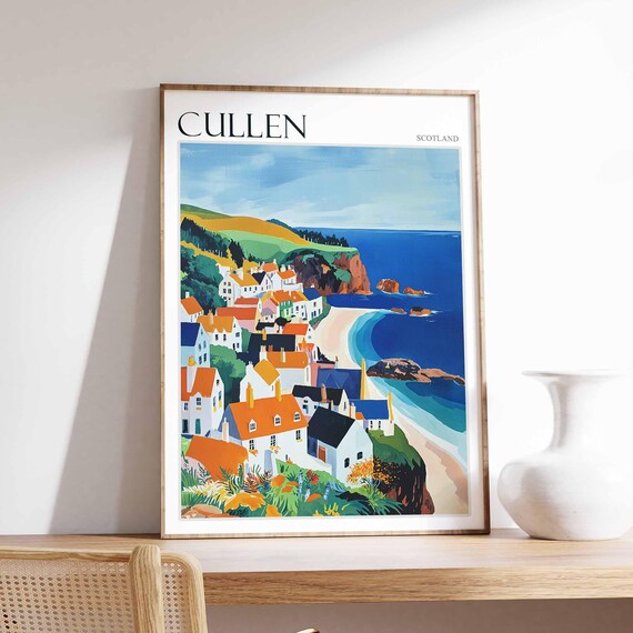 Cullen Scotland White Cottages Above a Curved Cove Beach Poster