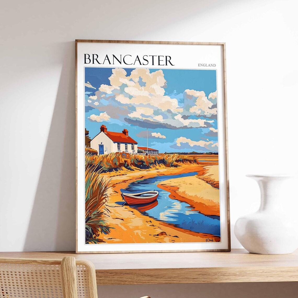 Brancaster England Red Boat on Creek by Cozy Seaside Cottage Poster