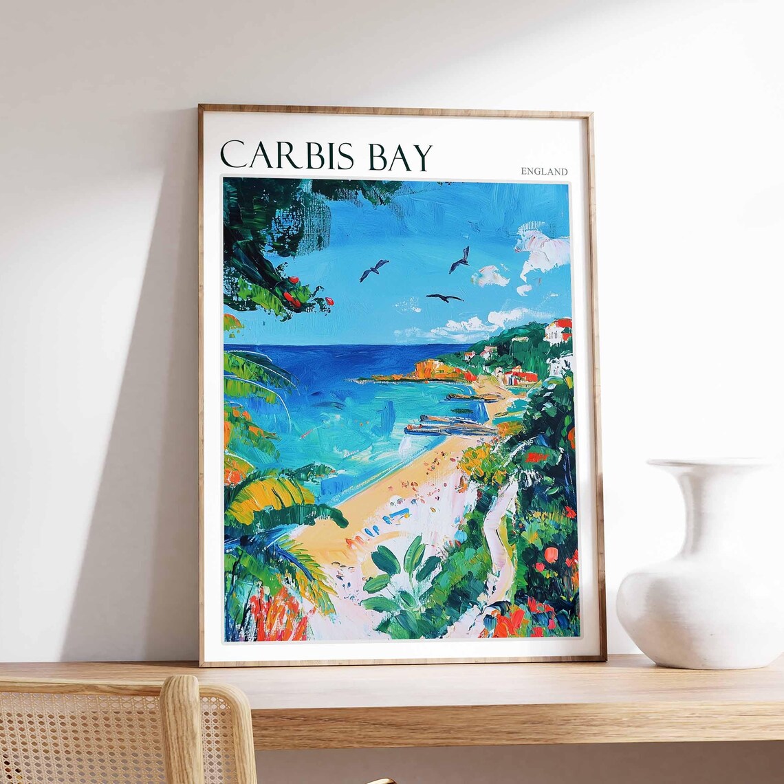 Carbis Bay England Tropical Beach Cove Birds Palm Frond Scenic Poster