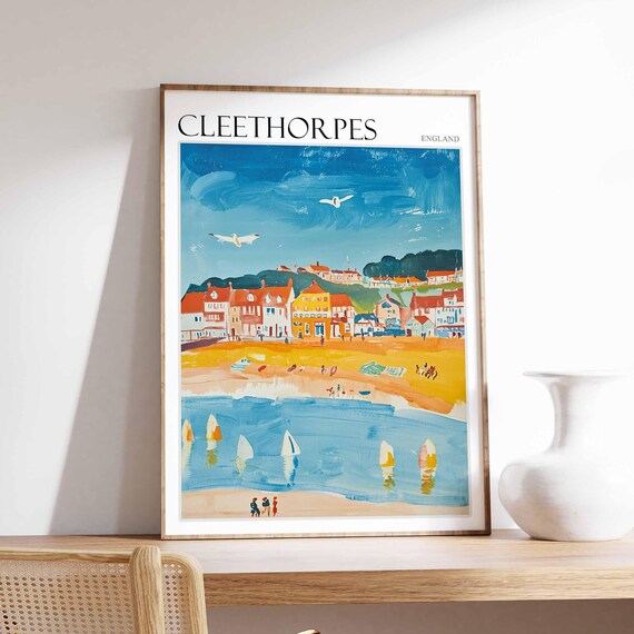 Cleethorpes England Colorful Row Houses Sailboats Gulls Travel Poster