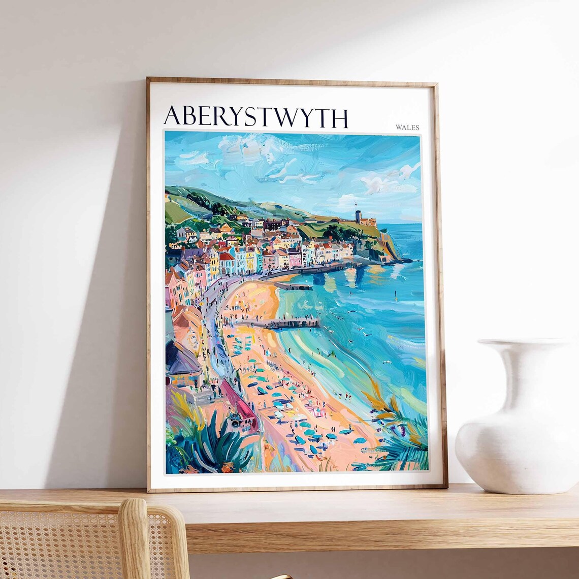 Aberystwyth Sandy Beach Colorful Coastal Seafront Town Wales Poster