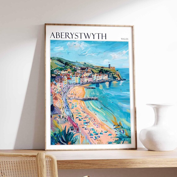 Aberystwyth Sandy Beach Colorful Coastal Seafront Town Wales Poster